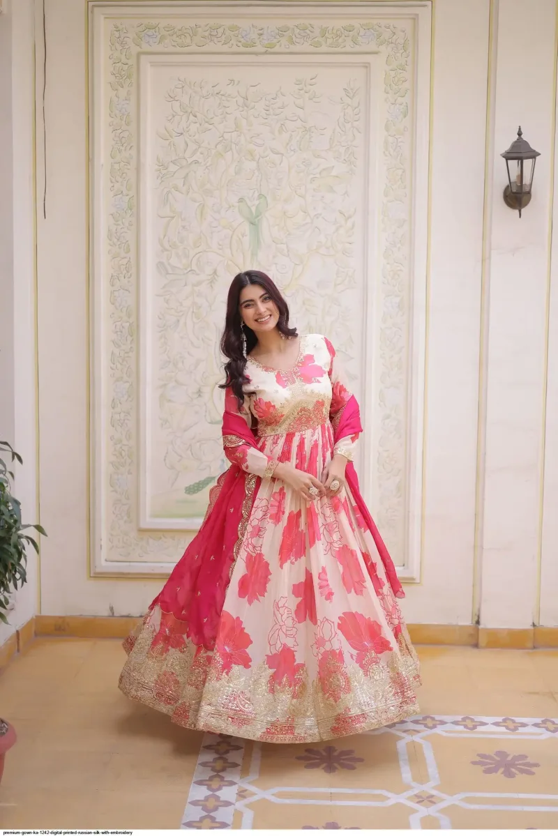 Pink Colour Russian Silk With Embroidery Work Gown With Dupatta Ka 1242